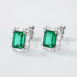 Elegant emerald cut green gemstone halo stud earrings in S925 sterling silver mounting