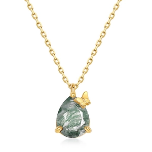 Water drop moss agate pendant necklace with gold butterfly on S925 silver chain