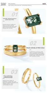 Macro detail of S925 silver ring set with natural green moss agate and gold plating