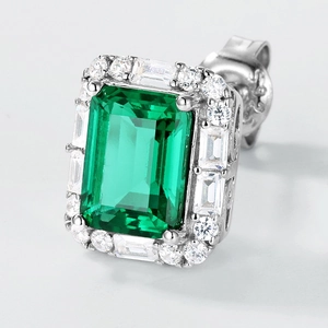 S925 silver stud earring with emerald cut green gemstone and diamond halo decoration