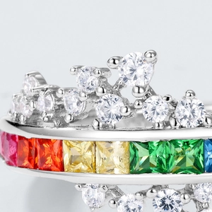 S925 silver rainbow zircon ring featuring princess cut colorful gems and round stones