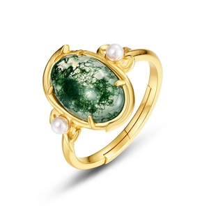 Luxurious gold S925 silver ring with oval green moss agate and side pearl accents