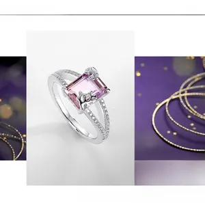 Macro detail of rectangle cut purple gemstone ring with S925 silver pavé diamond band