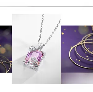 Vue macro d'un collier en argent S925 avec un pendentif rectangle rose en cristal