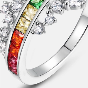 Detailed close-up of S925 silver ring featuring vibrant rainbow gemstones and zircon accents