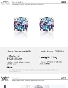 Detail view showing S925 silver four-prong 5mm alexandrite stud earrings with parameters