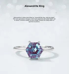 Macro detail of hexagonal cut alexandrite gemstone set in a minimalist silver ring