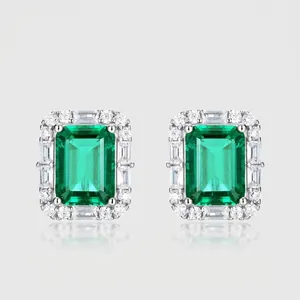 Elegant S925 Sterling Silver Lab-Grown Emerald Stud Earrings Geometric Halo Zirconia Inlaid White Gold Plated Jewelry For Women