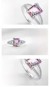 Macro shot of rectangular bicolor ametrine stone set in polished S925 sterling silver ring