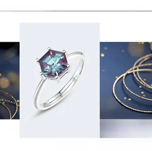 Macro shot of S925 silver ring featuring hexagonal alexandrite with gradient fire luster