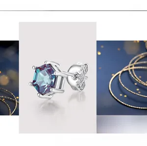 Macro detail of S925 sterling silver stud earring with hexagonal lab alexandrite gem