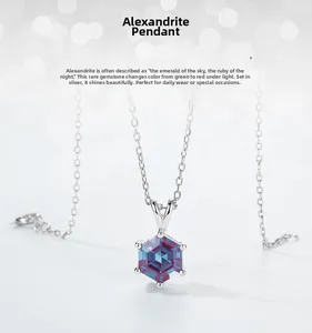 Macro shot of hexagonal alexandrite pendant with S925 sterling silver chain setting