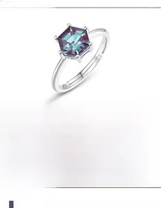 Macro detail of S925 silver ring featuring a hexagonal color-changing alexandrite stone