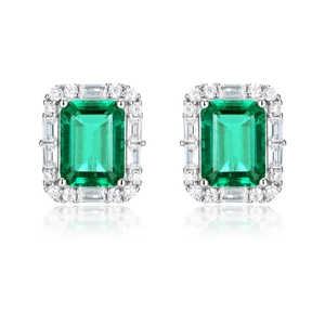 Elegant emerald-cut green stone stud earrings with S925 silver halo setting on white background