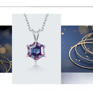 Macro shot of hexagon cut color-changing alexandrite pendant in S925 sterling silver setting