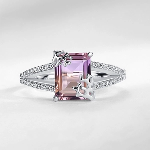 Luxurious S925 silver ring with rectangular bicolor ametrine stone and diamond accents