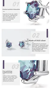 Detailed S925 sterling silver studs with hexagonal lab-grown alexandrite and claw setting