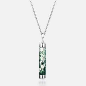 Cylindrical moss agate pendant with natural green texture on a S925 silver chain