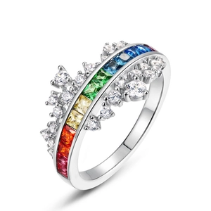Rainbow cubic zirconia S925 silver ring with wave crown design and gradient gemstones