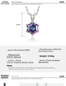 Detailed specs of S925 silver necklace with 7x7mm alexandrite pendant showing dimensions