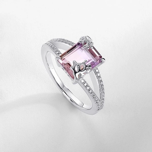 Minimalist geometric ring with large rectangle pink-purple crystal and silver band