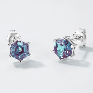 S925 sterling silver stud earrings with hexagonal alexandrite stones in claw setting
