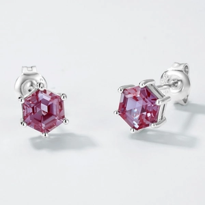 S925 sterling silver stud earrings featuring hexagonal cut alexandrite pink purple gems