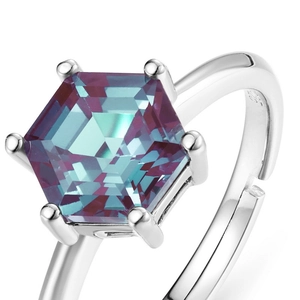 Macro shot of S925 sterling silver stamp and hexagonal color-change alexandrite stone