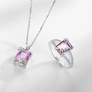 Luxurious S925 silver necklace and ring set with rectangular bicolor amethyst pendants