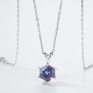 Minimalist S925 silver necklace featuring a hexagonal alexandrite color-changing gemstone