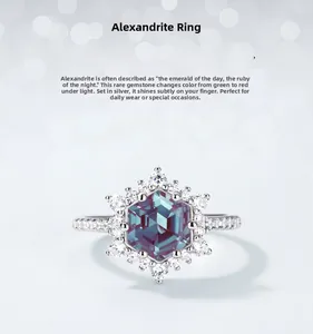 Macro shot of hexagon cut alexandrite ring with sterling silver and diamond halo setting