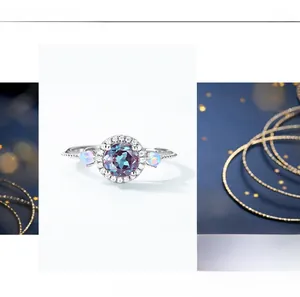 Close-up of S925 silver ring featuring round alexandrite stone and opal side accents