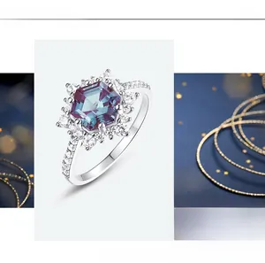 Macro detail of hexagon cut alexandrite ring with snowflake halo and pavé setting