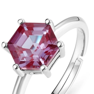 Macro view of S925 silver ring featuring hexagonal purple alexandrite in six-prong setting