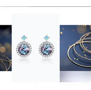 Macro shot of S925 silver halo earrings with alexandrite stones and color-changing gems