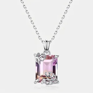 Élégant Collier Pendentif Amétrine en Argent Sterling 925 Avec Zirconia Rectangle Taille Émeraude Design Corail Bijoux de Mode Femme