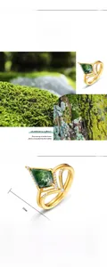 Macro detail of kite-cut green moss agate ring in 10K gold-plated S925 silver setting
