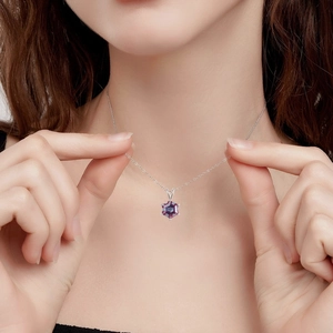 S925 silver alexandrite necklace featuring a hexagon cut color-changing stone on model