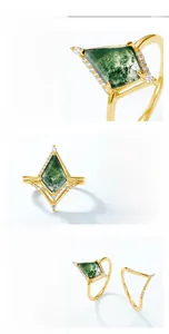 Close-up of kite-cut green moss agate ring set with V-shaped S925 silver bands