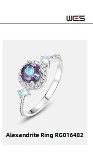 Detail of S925 silver ring featuring round alexandrite stone and pear-cut opals