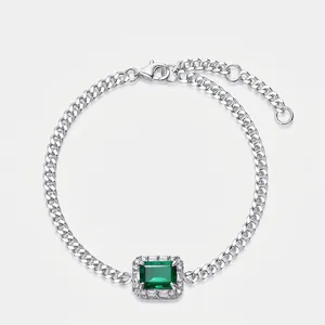925 Sterling Silver Lab Grown Emerald Ruby Sapphire Bracelet Geometric Rectangle Gemstone Inlaid Rhinestone Cuban Link Chain Jewelry For Women