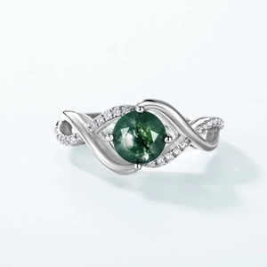 Minimalist S925 sterling silver ring with round green moss agate and zircon wave band