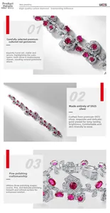 Detail view of S925 silver rose bracelet featuring synthetic pigeon blood ruby stones