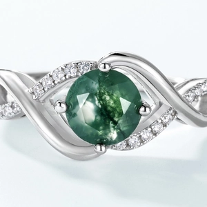 S925 silver wavy ring with round natural moss agate stone and sparkling cubic zirconia stones