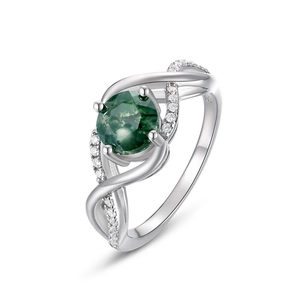 Elegant S925 sterling silver ring with natural green moss agate and twisted CZ band