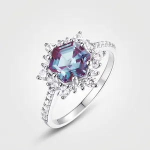 Hexagon Step Cut Alexandrite Ring S925 Sterling Silver Halo Zirconia Wedding Ring For Women Vintage Gemstone Jewelry