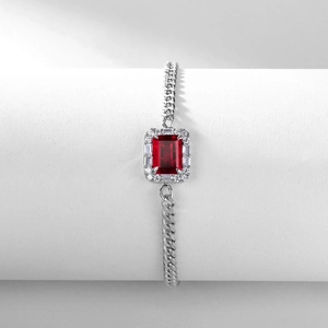 Classic S925 silver chain bracelet featuring a rectangle cut red emerald lab gemstone