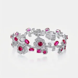 Luxury 925 Sterling Silver Lab Grown Ruby Rose Flower Bracelet For Women Vintage Elegant Rhinestone Inlaid Jewelry