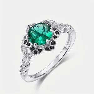 Anello a Fiore in Argento Sterling 925 Vintage per Donna Smeraldo Coltivato di Lusso Pietra Verde Zirconia Intarsiata Gioielli