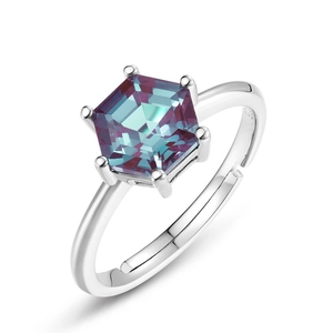 Minimalist S925 sterling silver ring with hexagonal cut color-changing alexandrite stone